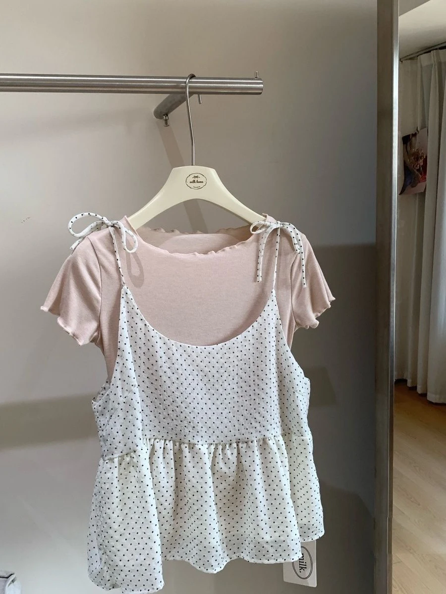 Summer Polka Dot Short Sleeve T-Shirt Set with Wooden  Design Two-Piece Overlap Wear Polyester Fiber Anti-Wrinkle