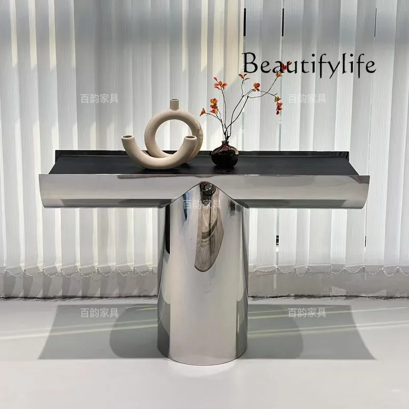 

By Italian minimalist stainless steel solid wood entry light luxury entrance table front door living room partition cabinet