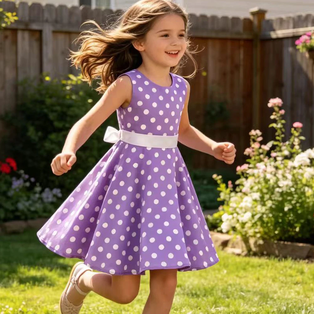 Gepunktetes Vintage-Kinderkleid Blumen Midi-Kleid aus Baumwolle Sommerkleid für Babymädchen