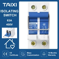 MINI Disconnector Isolating Switch 400V 63A Handle AC/DC Disconnect Switch Guide rail installation 2P Circuit Breaker