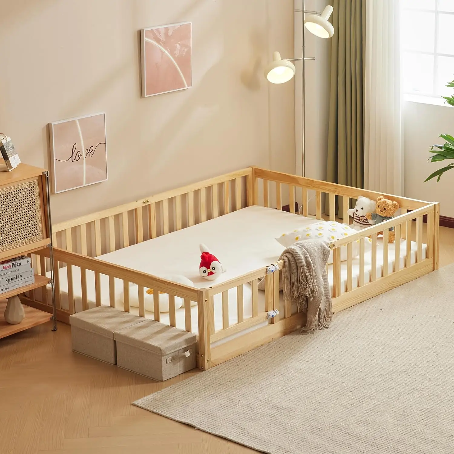 Toddler Floor Bed with Door and Fence for Kids, Montessori Bed with 12 Slats and Safety Guardrails, Kids Bed Solid