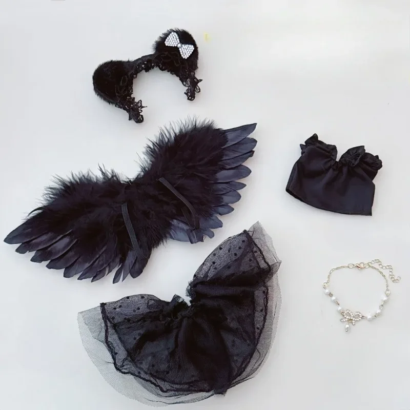 17cm Labubu Doll's Clothes Devil Dress Black and White Angel Feather Set Black Wedding Dress Outfit Akcesoria Odzież Prezenty