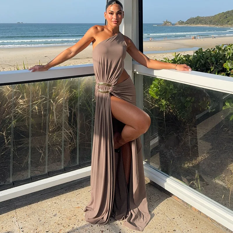 

Metal Buckle Ruched Hollow Out Asymmetrical Maxi Party Dress Women Sexy One Shoulder Sleeveless Backless Evening Gown Long Robe