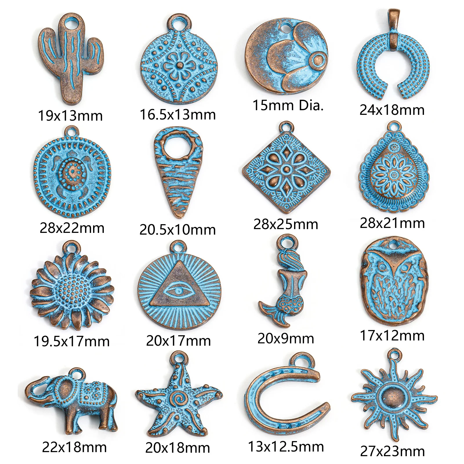 20pcs Bohemian Style Ocean Jewelry Charms Antique Copper Blue Patina Geometric Flower Pendants DIY Necklace Earrings Jewelry