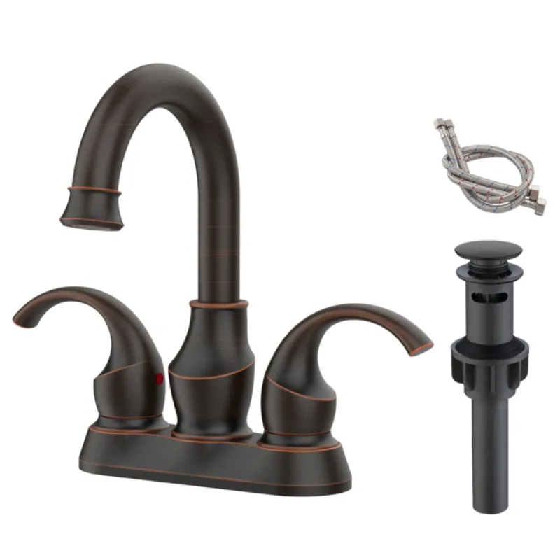 Bronze Bathroom Faucet Crescent Shaped Double Handle 360 Degree Rotating Nozzle with Pop-up Drain Pipe and Water Supply Hose