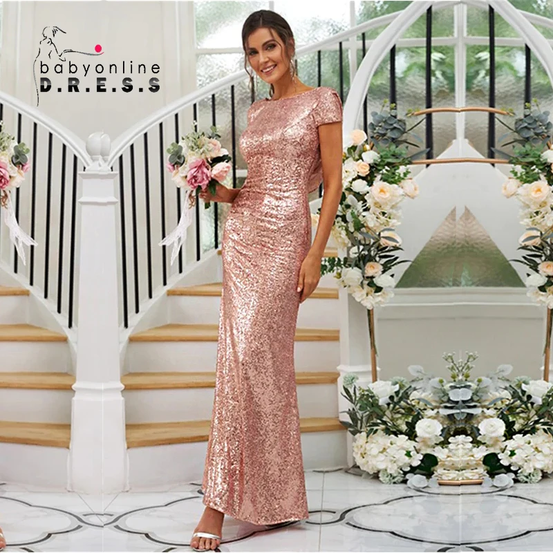 

BABYONLINE Gold Bridesmaid Gowns Features Sequins Low Cowl Back A Cap Sleeve Gown Evening Dress Backless Wedding Guest Party