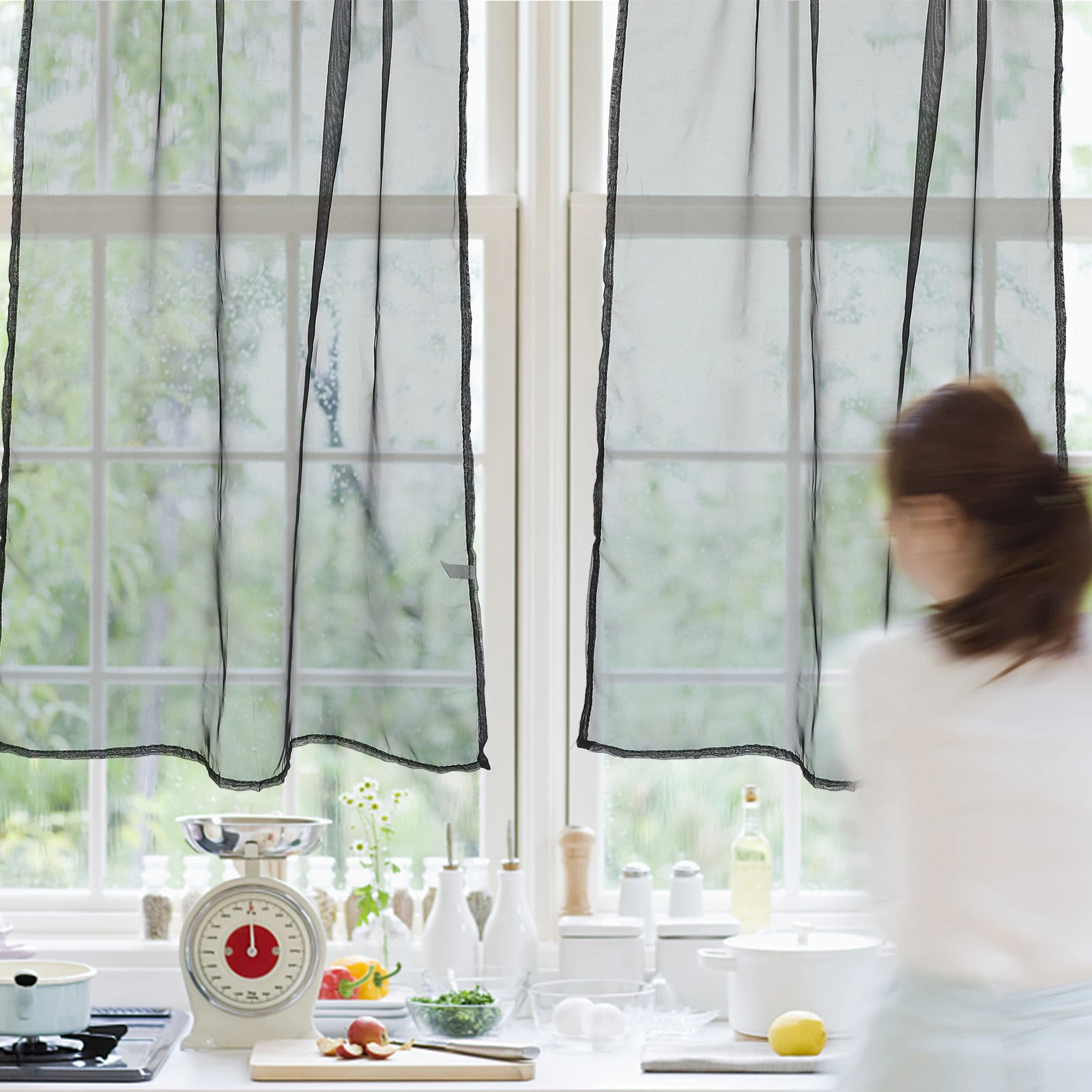 

2Pcs Short Window Curtains Black Sheer Voile Drapes Bedroom Living Room Privacy Filter Light Gauze Curtains Sheer Curtain