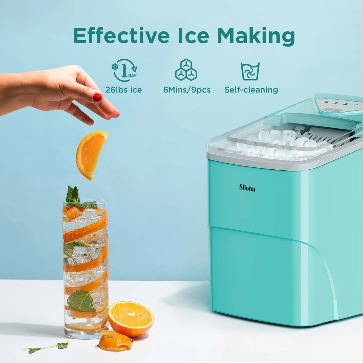 Máquina de gelo auto-limpeza com gelo colher e cesta, Ice Makers bancada, pronto em 6 minutos, 26lbs em 24Hrs, EUA, Novo, 9 Cubos