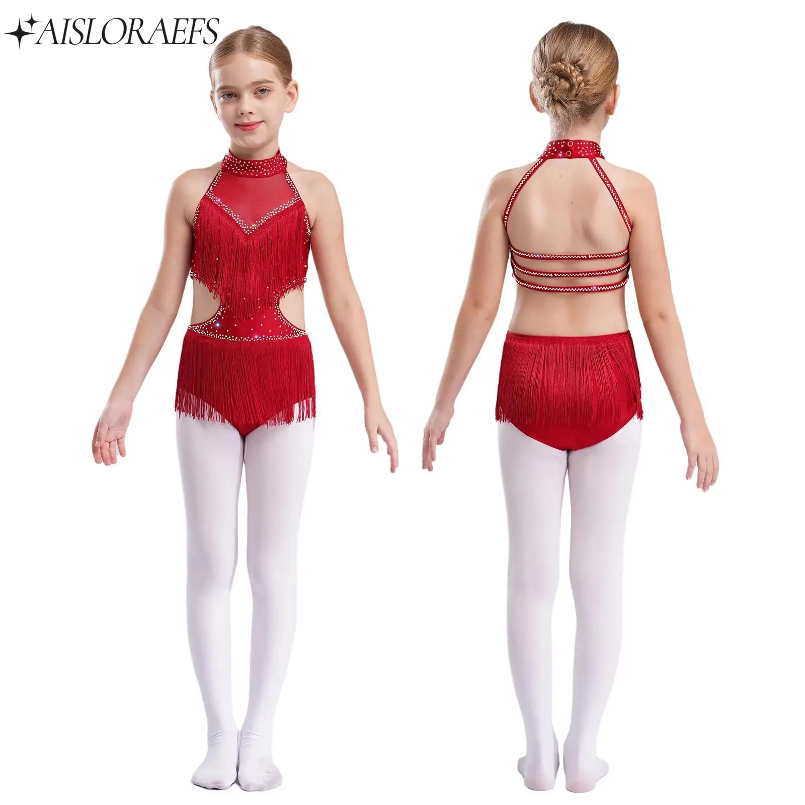

Children Girls Latin Dance Leotards Sleeveless Tassels Rhinestones Fringed Bodysuit Dancewear Cha-cha Tango Samba Dance Clothes