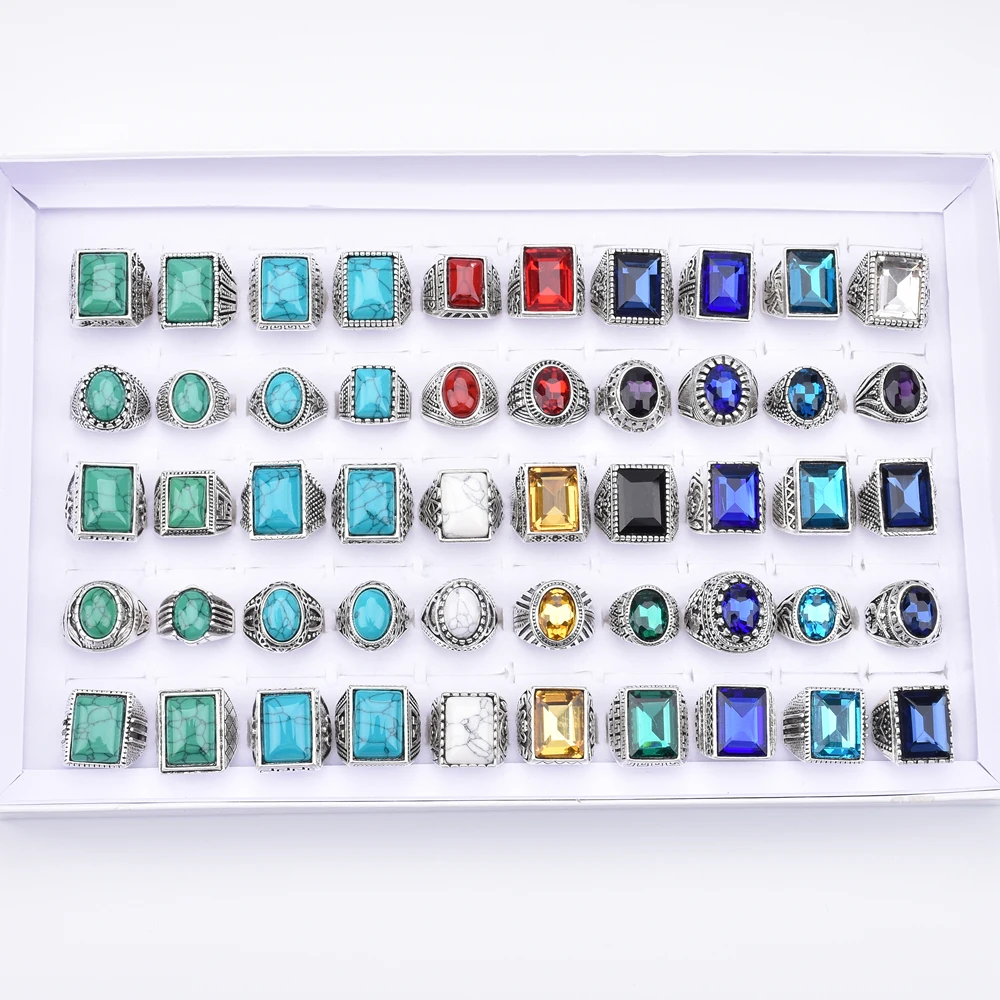 Wholesale 20Pcs/Lot Vintage Glass Turquoise Carved Flowers Rings Mix Style Antique Silver Color Jewelry For Men Women Party