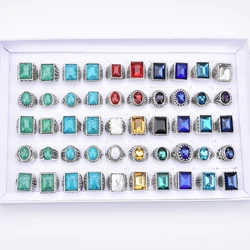 Wholesale 20Pcs/Lot Vintage Glass Turquoise Carved Flowers Rings Mix Style Antique Silver Color Jewelry For Men Women Party