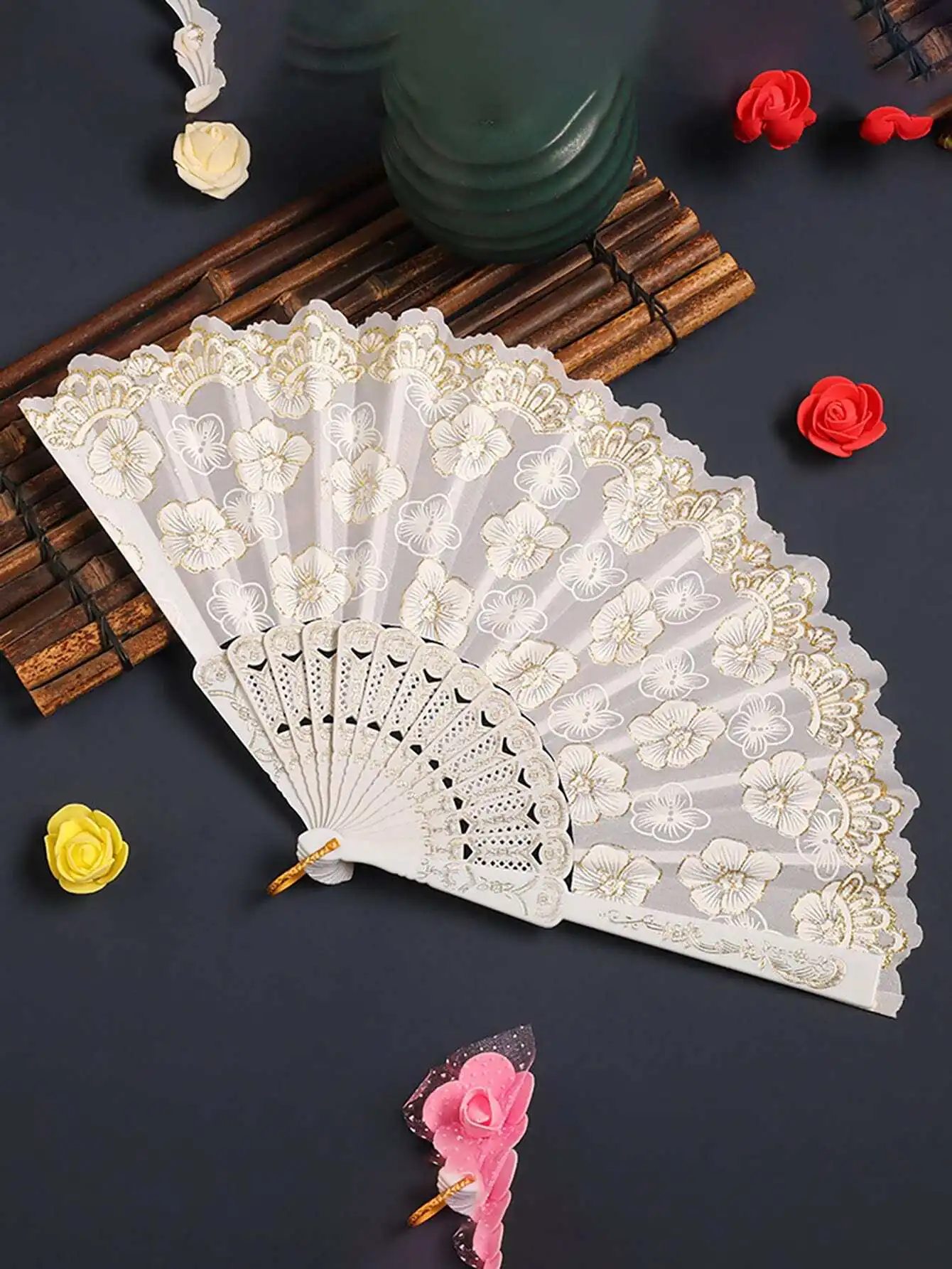 

Breezier White Cherry Blossom Hand Fan With Gold Foil Print, Suitable For Home Use