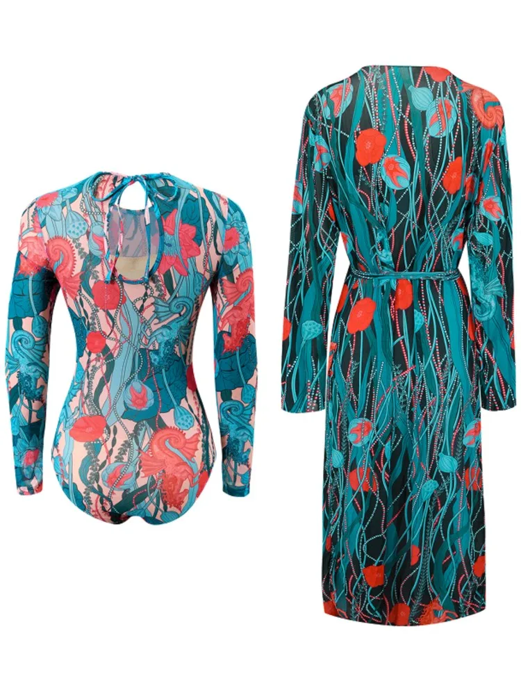 ชุดว่ายน้ำเซ็กซี่เอวสูง 5 ชิ้น สำหรับผู้หญิง ชุดบิกินี่แขนยาว ชุดว่ายน้ำชายหาด ชุดว่ายน้ำฤดูร้อน