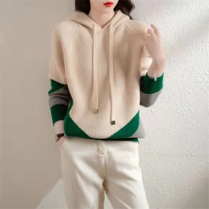 

Korean Fashion Thick Hooded Pullover Sweater Women Casual Splice Color Loose Streetwear Knitted Sweater All-match Soft Tops N488