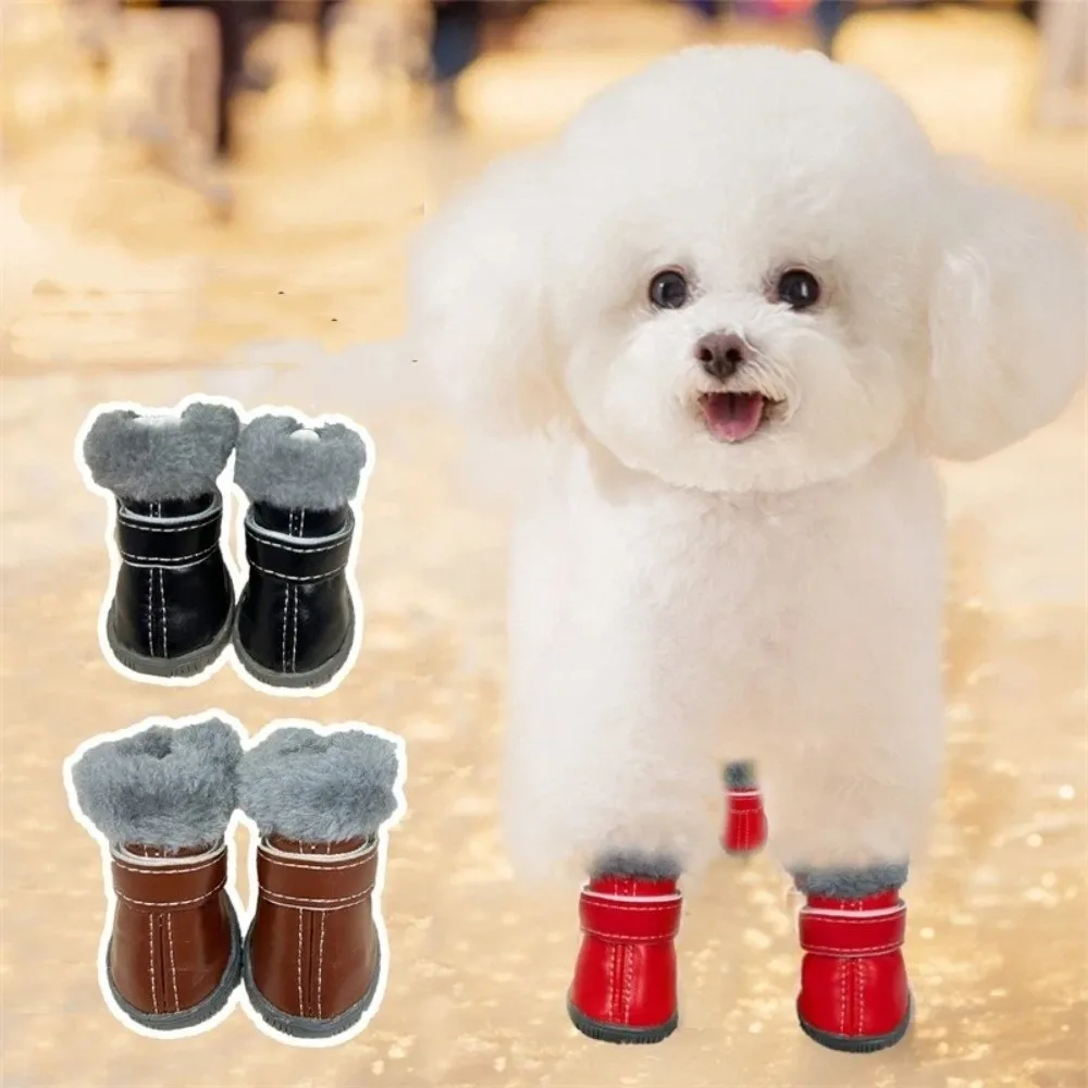 4PCS Plush Winter Pet Dog Shoes Rubber Soles Anti-Freezing Waterproof Dog Boots Wear-resistant Warm Dog Snow Boots Outdoor Use
