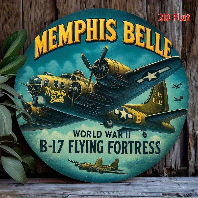 Memphis Belle B-17 Flying Fortress Metal Wall Art, 2D WWII Aircraft Round Sign, Heavy Iron Military Decor for Home Office Garage