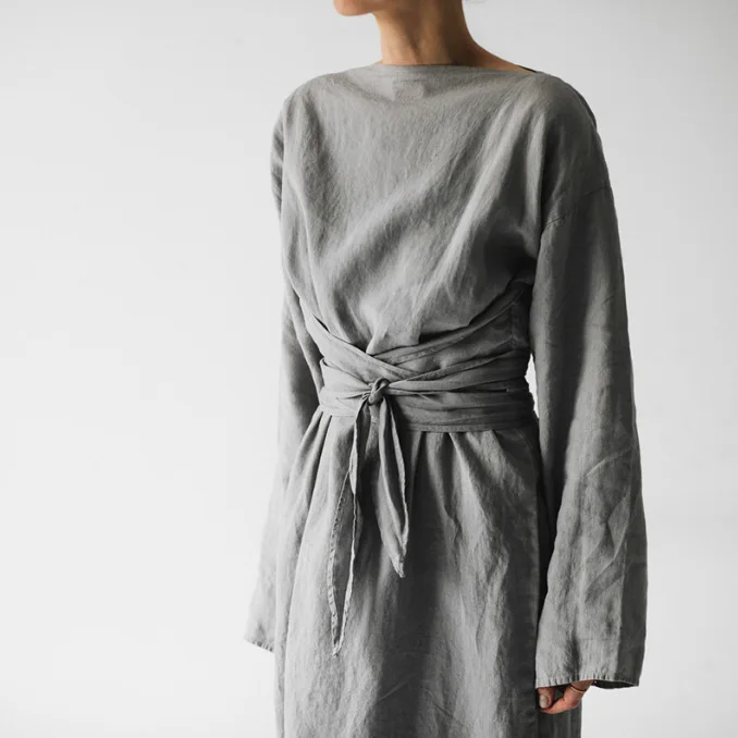 Women Elegance Audrey Hepburn Style Round Neck 3/4 Puff Sleeve Swing Maxi Dress Long Belt Dresses with Pockets