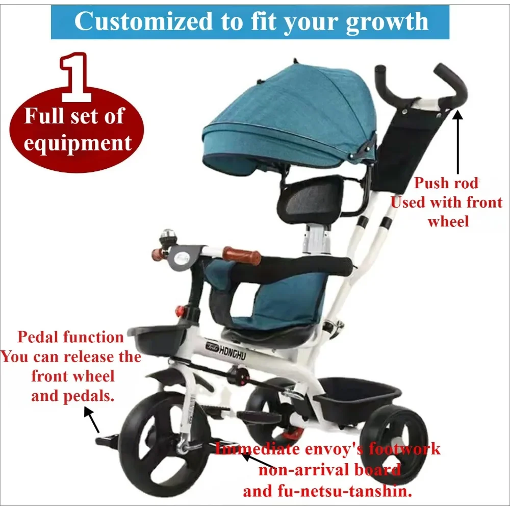 2 in 1 Baby Stroller with Foldable Pedal Kids Tricycle with Large Rear Storage Guardrail Anti-Rollover for Infant Toddlers