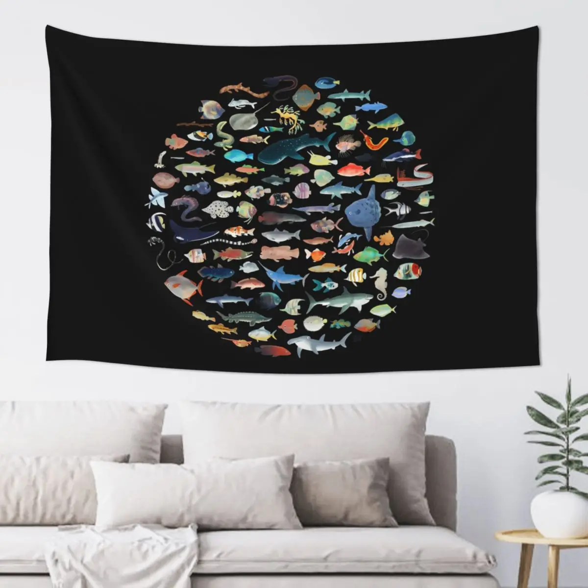 One Hundred Fish Ocean Life Scuba Diving Tapestry Hippie Wall Hanging Aesthetic Home Decor Tapestries for Living Room Dorm Room