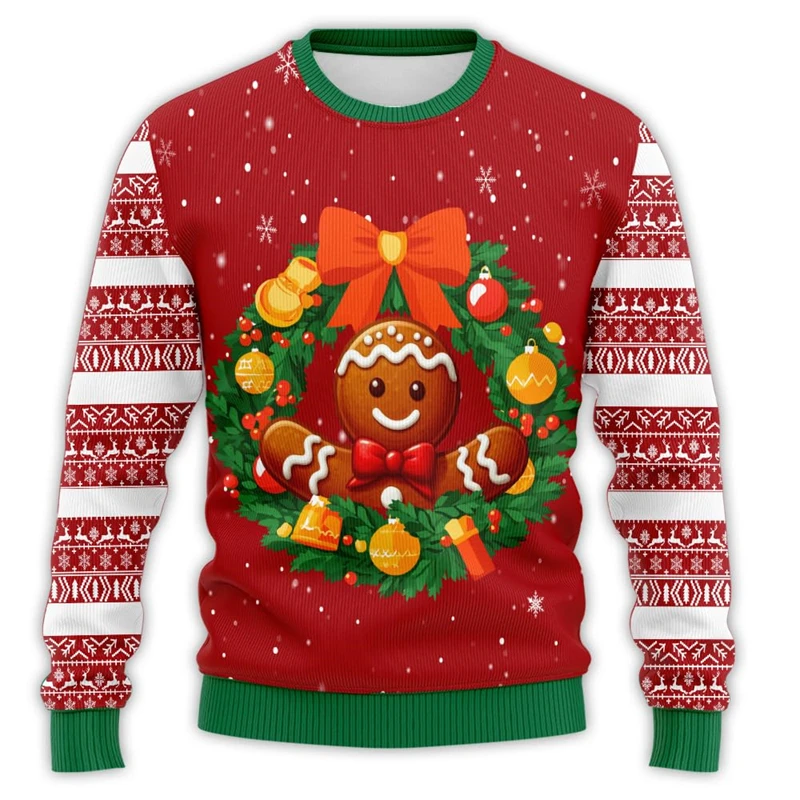 Xmas Wreath Graphic Sweatshirts Ornament Santa Claus Ugly Christmas Sweater New Year Gift Pullovers Gingerbread Jesus Tracksuit