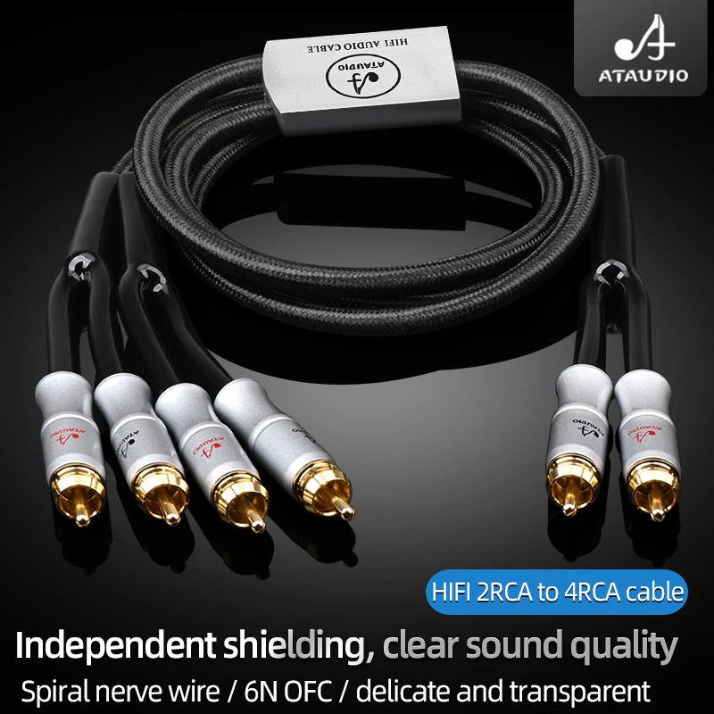 HiFi 2RCA to 4RCA Cable 6N OFC Spiral Nerve Wire RCA Stereo Male to Dual RCA Stereo Plug Male for Sound Card to Speaker