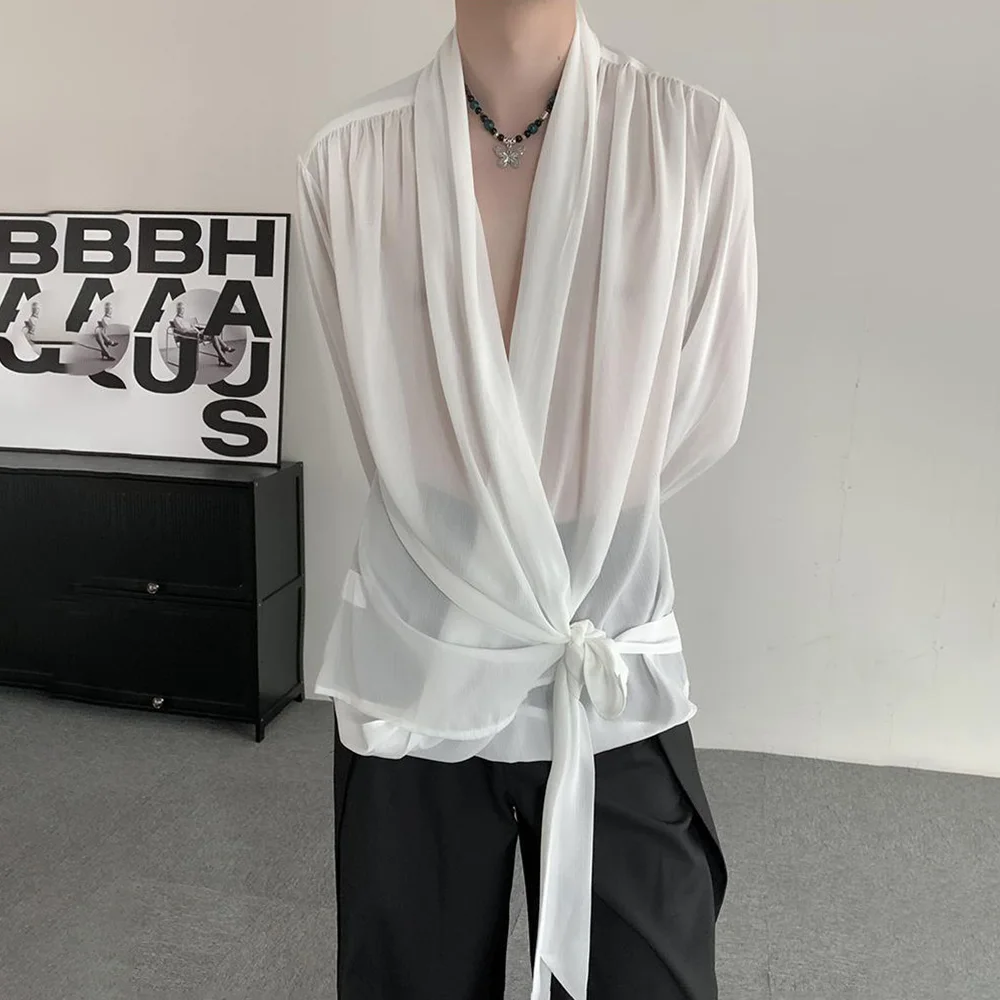 Mens Shirts Chinese Style Organza Tie Chiffon White Long Sleeve Tops Niche Cardigan Design Trendy Chic Casual Tops Unisex 2024