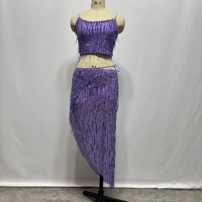 

customized belly dance costume tassel sequin set vest style wrapped skirt set performance clothes practice dress for women