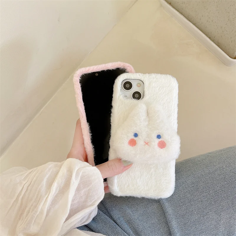 Cartoons Fur Fluffy Phone Case For iPhone 16 Pro 15 Plus 14 Pro Max 11 12 13 Pro Shockproof Cover Plush rabbit Protection Cases