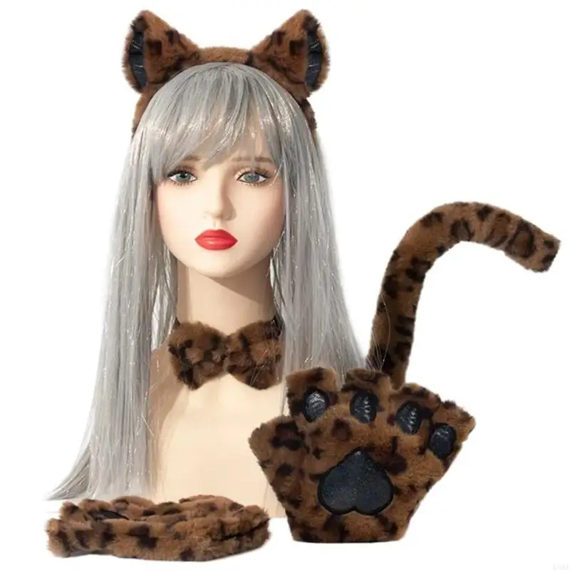 H58E 4Pcs 고양이 의상 세트 고양이 귀 머리띠 고양이 발 장갑 꼬리 Bowtie 어린이 성인