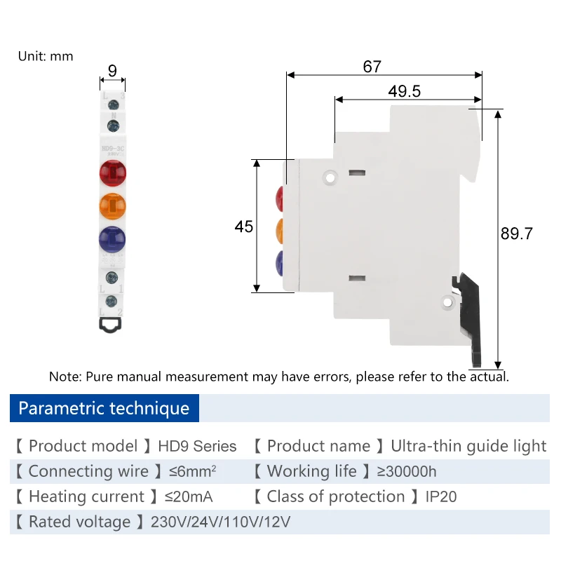 HD9 DIN montage sur Rail LED lampe de signalisation série 9mm 18mm 220V indiquant des feux pilotes rouge bleu jaune vert Signal d'alimentation