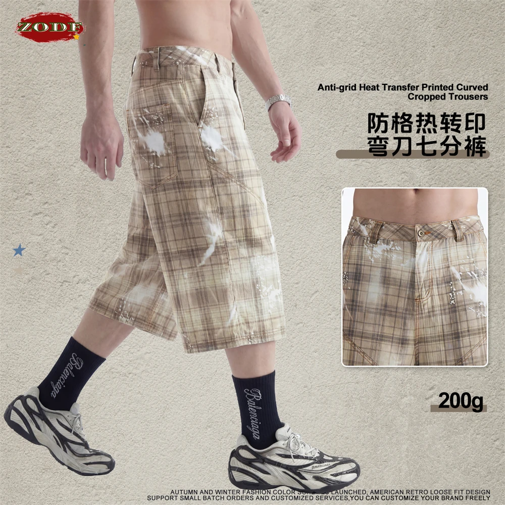 

ZODF Fashion Summer Men 200gsm Machete Shorts Unisex Retro Distressed Plaid Pringting Pants Shorts Streetwears HY1270