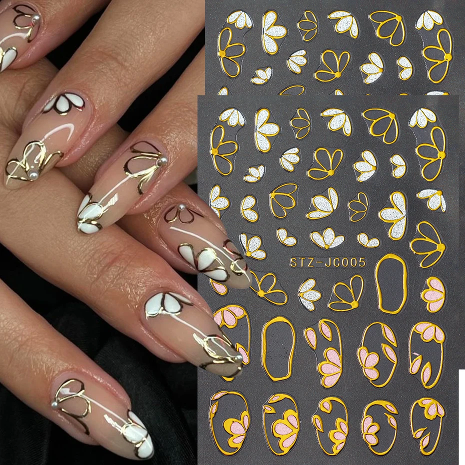 Bronzing Orchid Daisy Nail Art Stickers Golden Camellia Petal Flower Daisy Line  Elegant Wedding Nail Charm Manicure Accessories