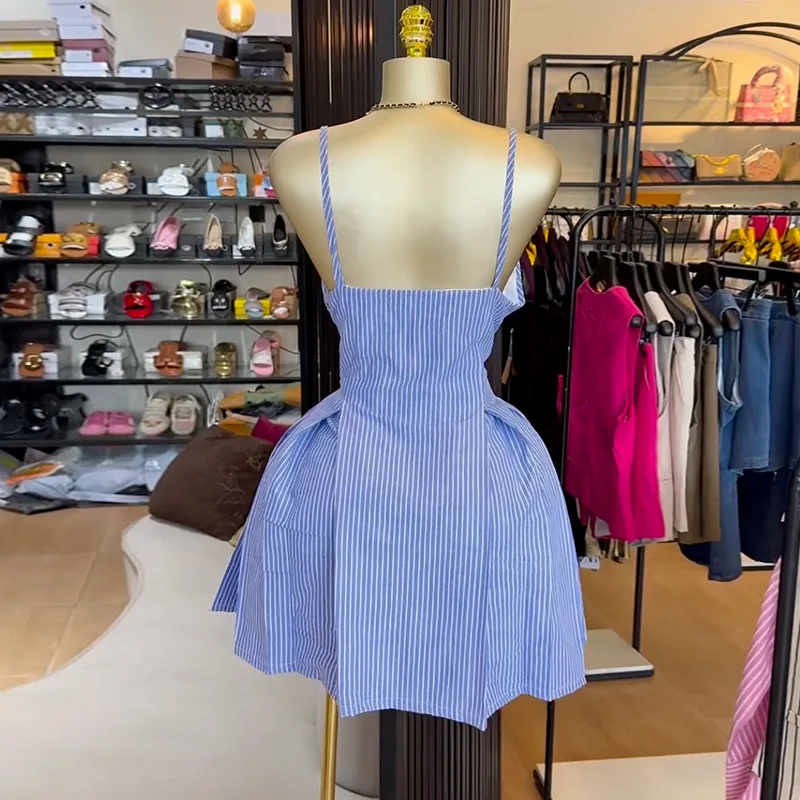 Slergiri Abito da donna con bottoni sul davanti e bottoni a righe blu 2025 Estate New Chic senza maniche Abiti corti a trapezio a pieghe carini