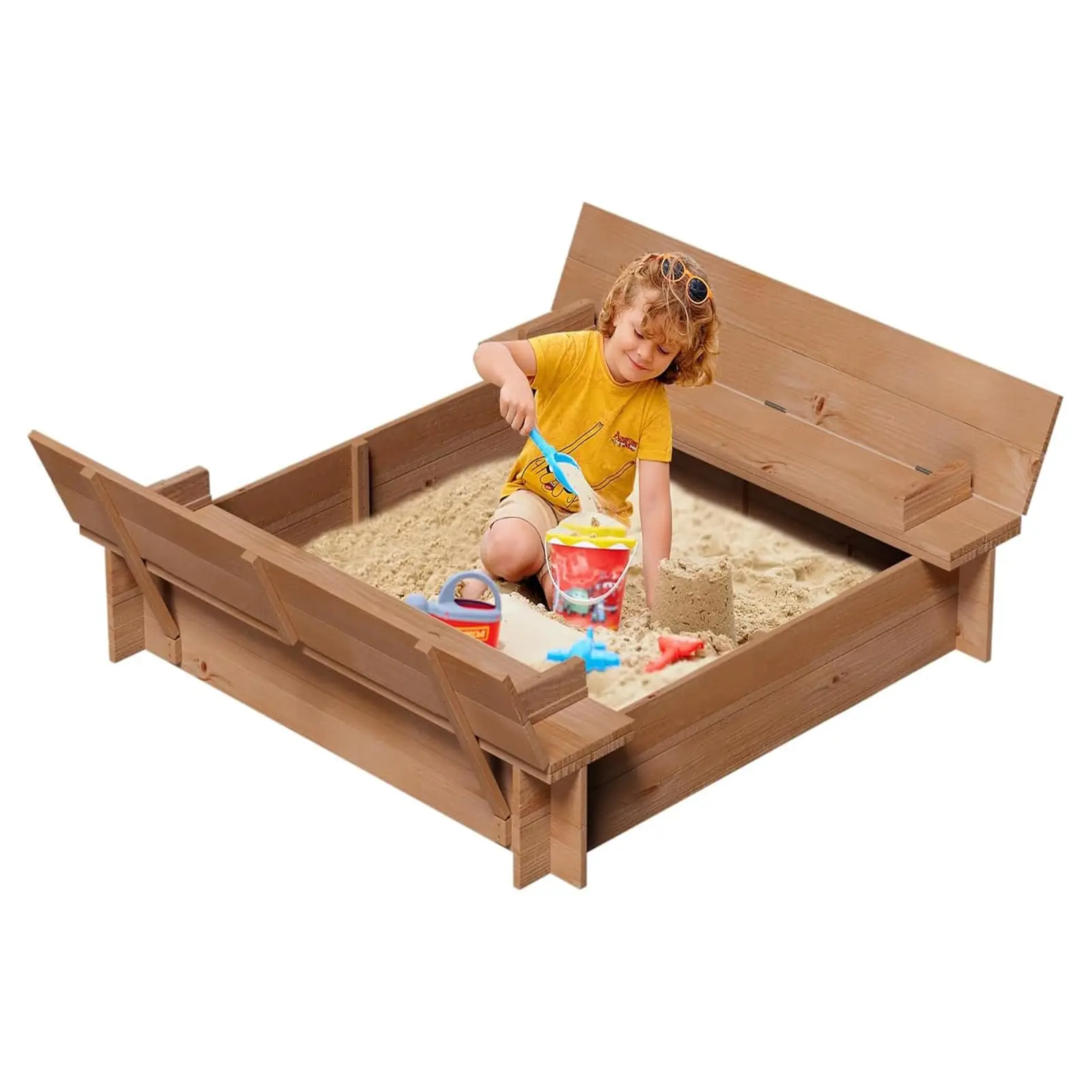 Outdoor-Sandkasten aus Holz für Kinder im Alter von 3-8 Jahren, inklusive 2 Sitzbänken, Nylon-Deckel und Bodenmatte, 47,2x47,2 Zoll