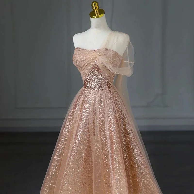 

Champagne Evening Dresses Shawl Cape One Shoulder Sequined Sparkly Sequins A Line Long Vintage Prom Party Cocktail Gowns New