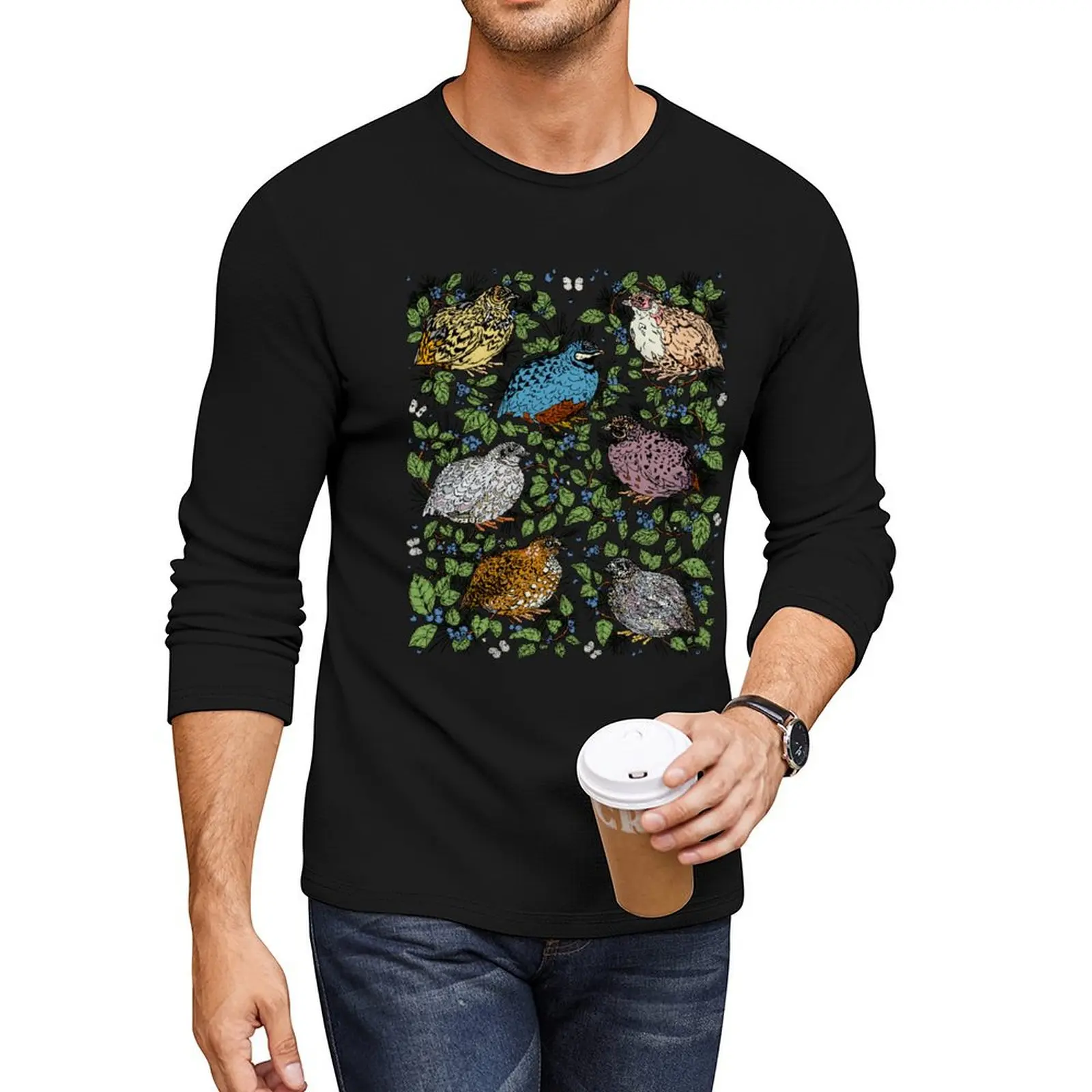 Quail, Blueberries, and Butterflies Morning Pattern Long T-Shirt tees mens big and tall t shirts