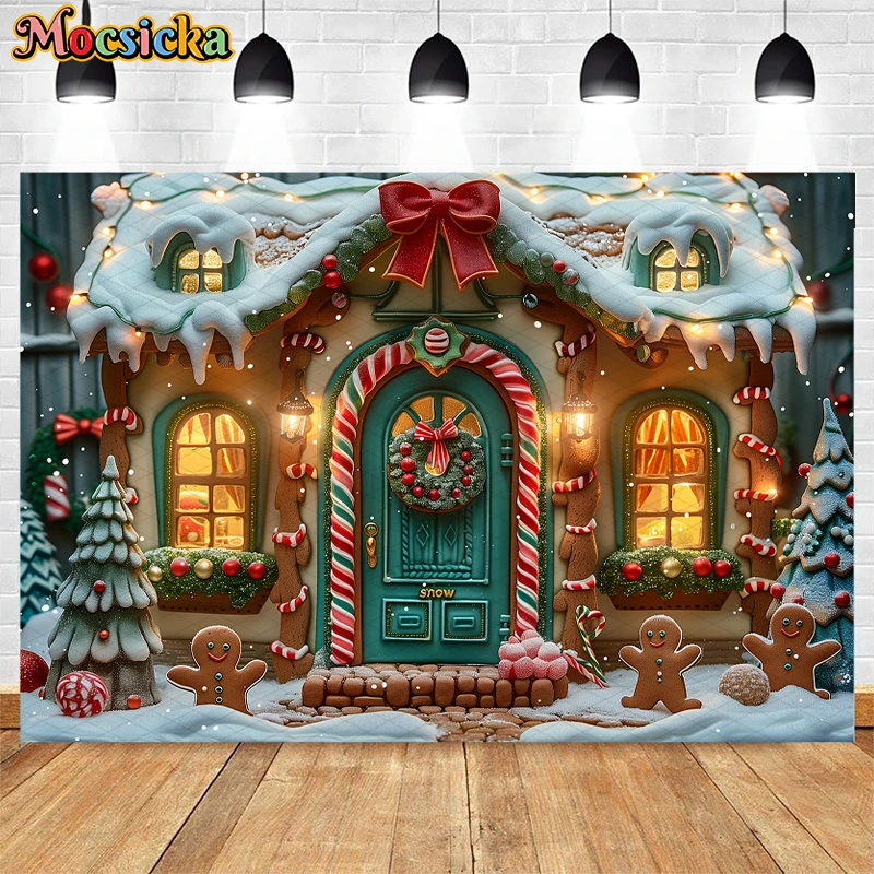 Mocsicka Photography Background Christmas Gingerbread House Winter Xmas Tree Kids Family Portrait Decor Backdrop Photo Studio