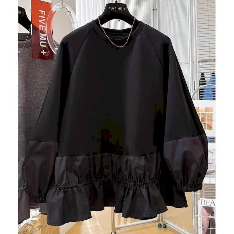 Solid T-shirts for Women O-neck Ruffle-edged Stitched Hem Tees Casual Korean Style Long Sleeved Aesthetic Vintage Clothes Trendy