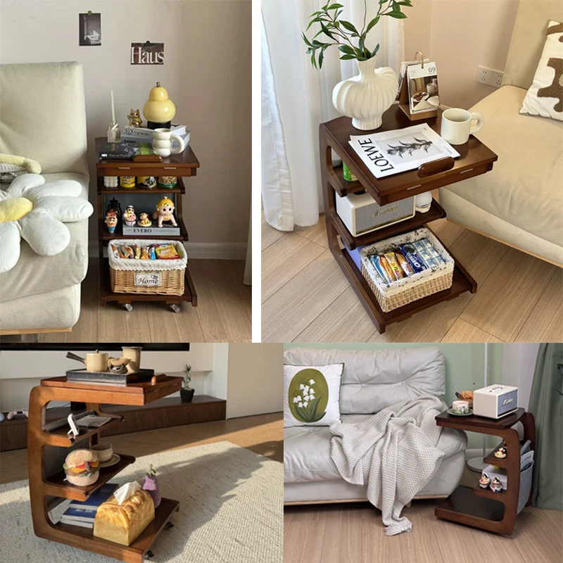 أريكة خشبية صلبة جانبية عدة غرفة معيشة متحركة مع خزانة جانبية بعجلات ورف بجانب السرير وطاولة صغيرة للقهوة المنزلية البسيطة #3