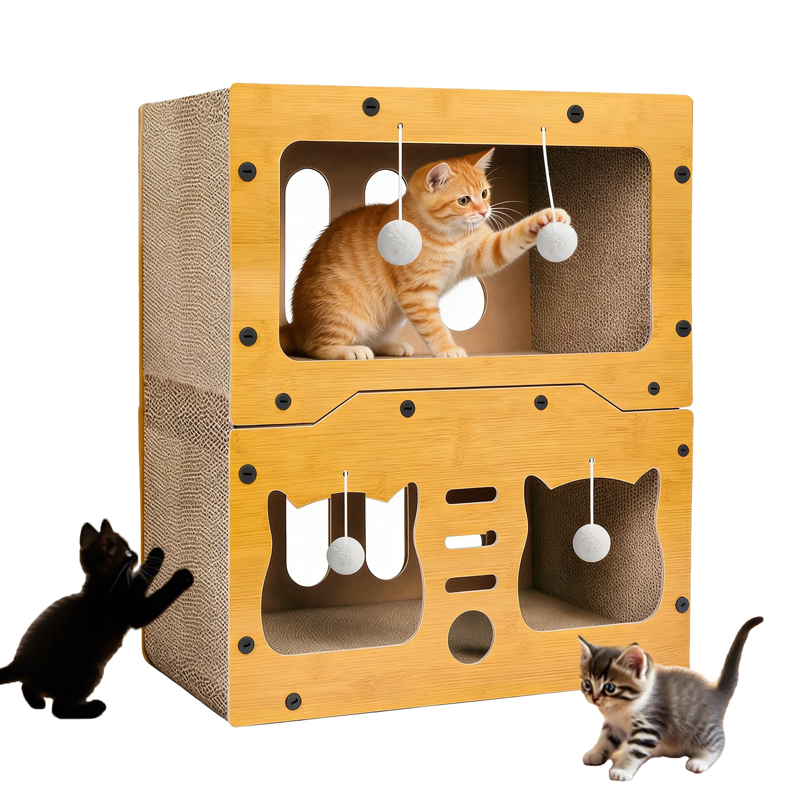 Multifunktionales Katzenhaus mit Kratzbrett und 2-stufigem Katzenbett, bequemes, robustes und sicheres Katzenmöbel zum Ausruhen, Spielen und Klettern