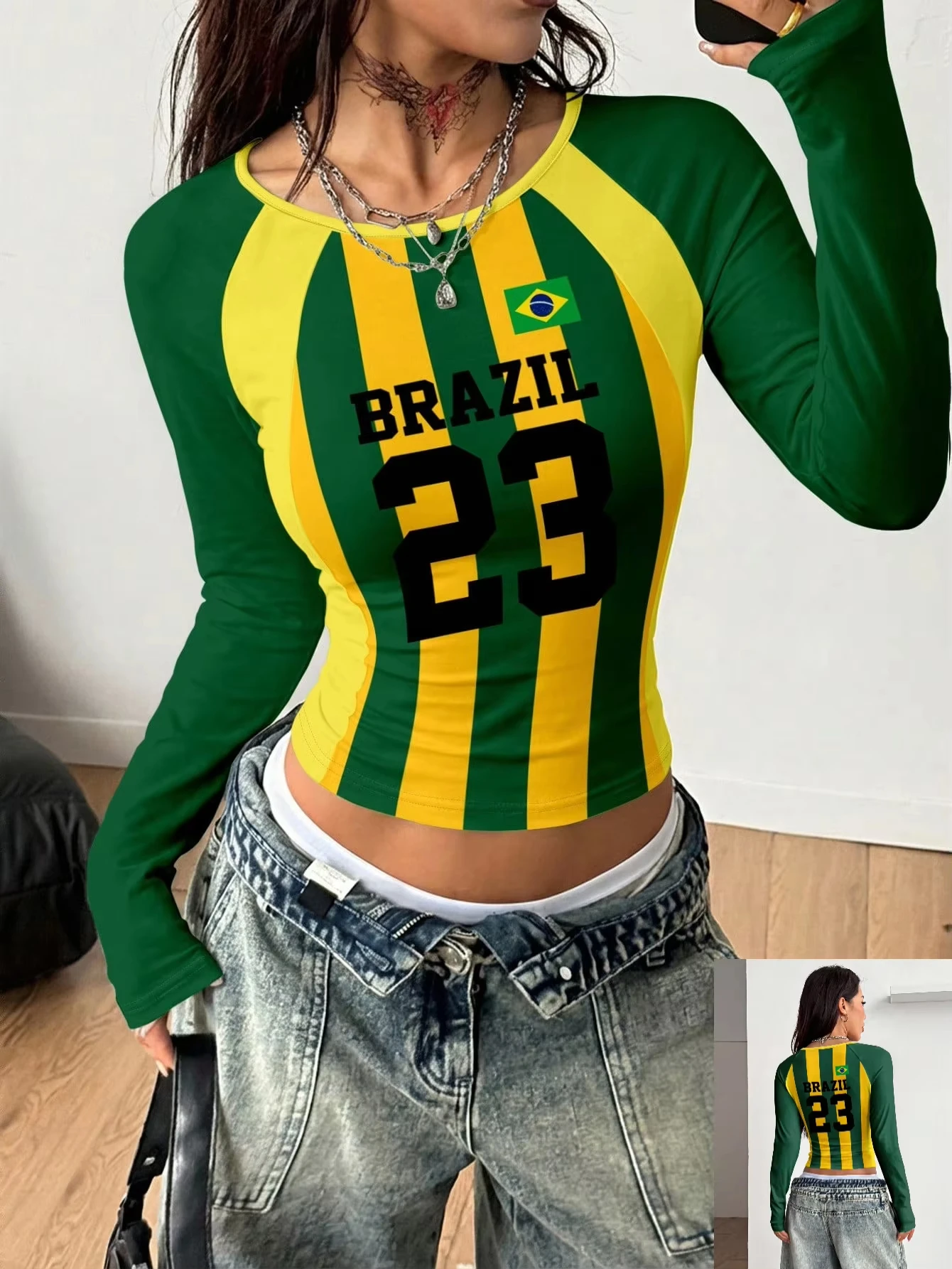 Casual Sporty Women's Green Yellow Brazil Flag & 23 T-Shirt with Retro Numeric & Letter Placement Print Fashion Comfortable Tees