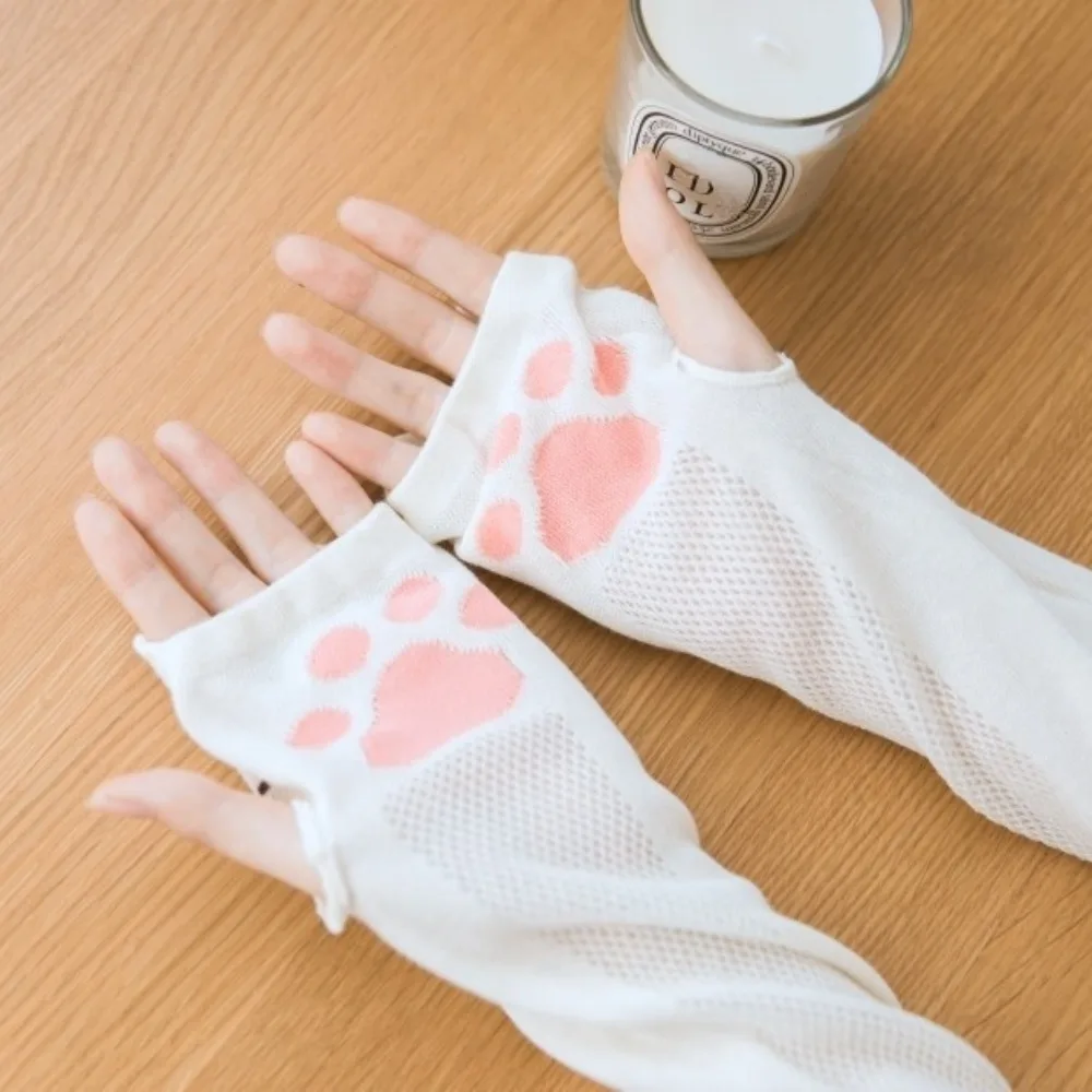Kawaii Fingerless Kitty Paw Arm Sleeves UV Protection Thin Cat Claw Arm Cover Breathable Cotton Cat Oversleeve Girls
