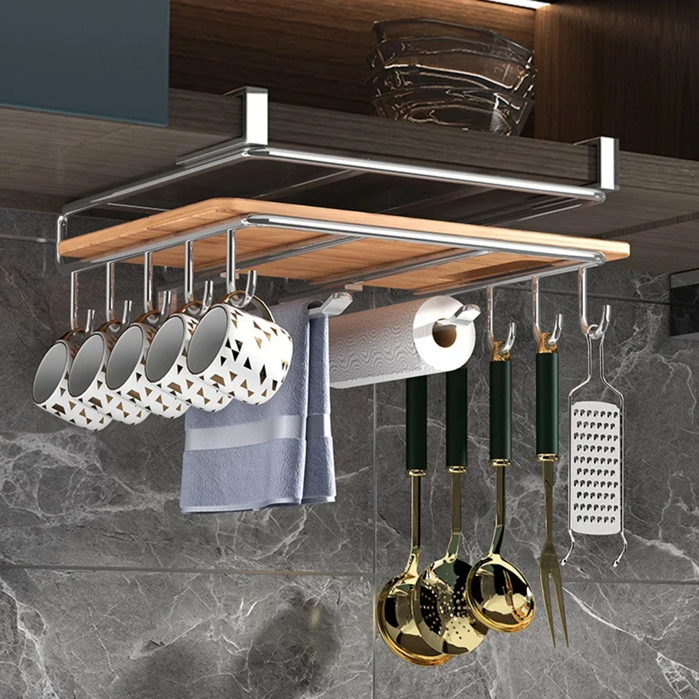 Storage Shelf Under Cupboard Paper Towel Rags Hanger Cutting Board Pot Covers Holder Rack with Hooks Kitchen Hanging Organizer