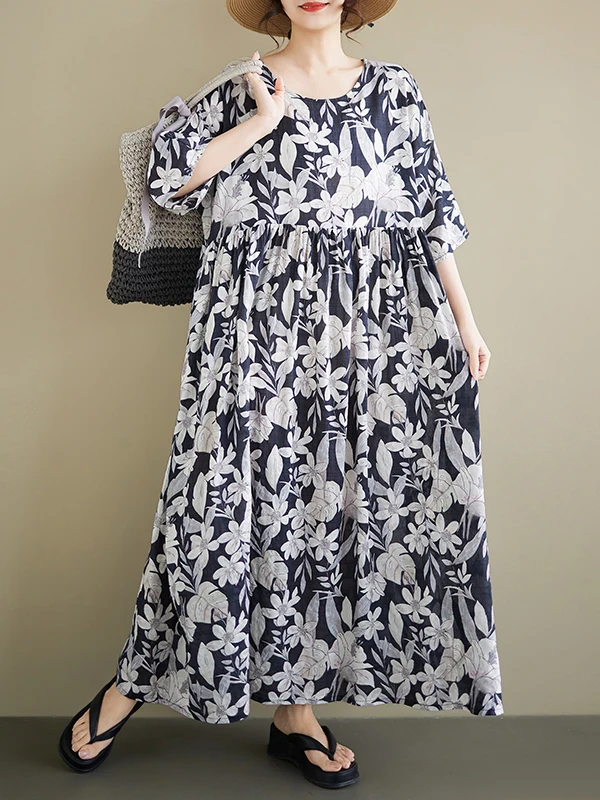 

Summer New Loose Cotton Linen Mommy Dress round Neck Vintage Short Sleeve plus Size Women Citywalk A-Line Skirt Thin Material