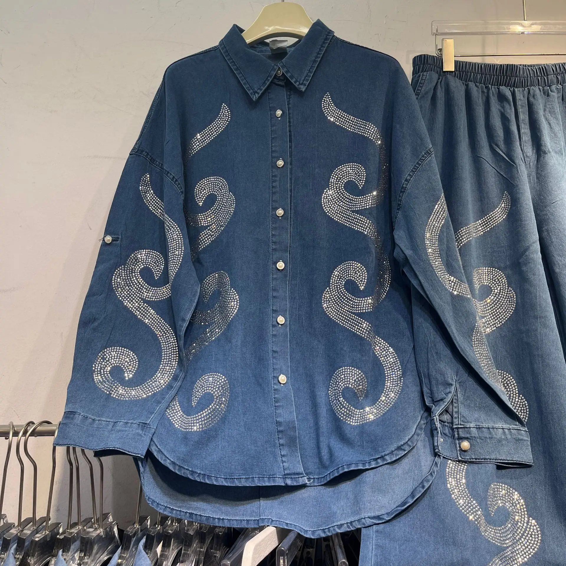 

High Street Spring Autumn Women Denim Sets Hot Drilling Loose Long Sleeve Cardigans Coat + Elastic Waist Casual Wide Leg Jeans