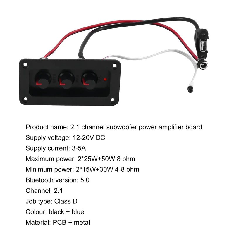 2x25w + 50w 2.1 canais bluetooth 5.0 subwoofer classe d kit placa amplificador de áudio com dc fêmea + cabo usb + controle remoto