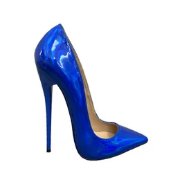 Sexy Laser 16cm Club Party Shoes Women Pumps,Patent Leather High Heels,Shallow Out,Fashion Pointed Toe,Silver,Blue,Custom Color