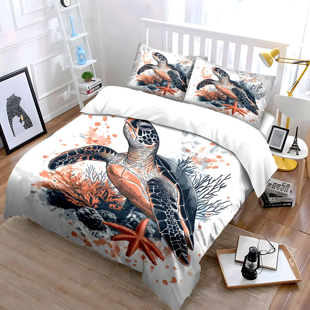 Sea Turtle and Coral Illustration Bedding Set for Kids Luxury Gift 3pcs Digital Print Comforter Set Soft Comfortable Breathable