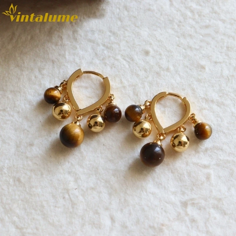 

Серьги-кольца Vintalume в винтажном стиле с подвесками из камня тигрового глаза и медных шариков, изящные висячие серьги для женщин