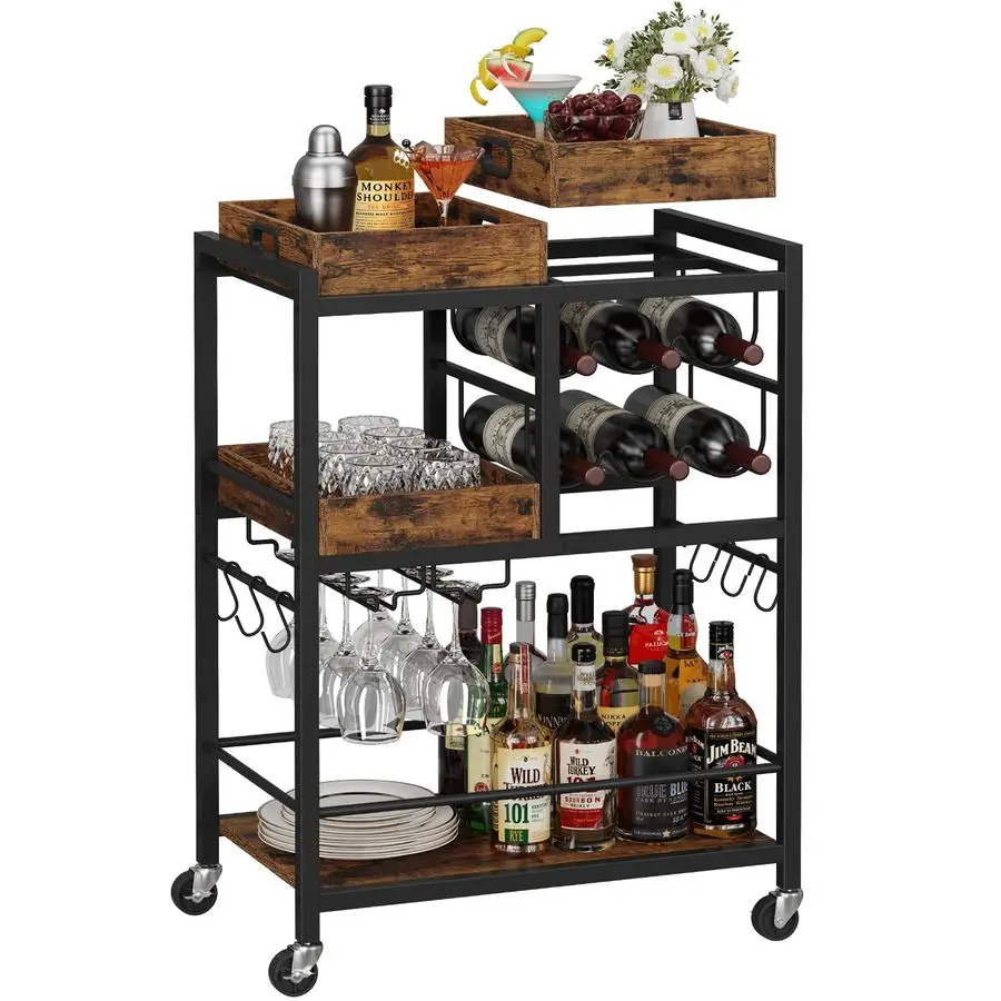 

Bar Cart, Home Bar Serving Cart, 3Tier Kitchen Cart on Wheels, Rolling Beverage Cart with Wine Rack and Glass Holder, Brown BC0